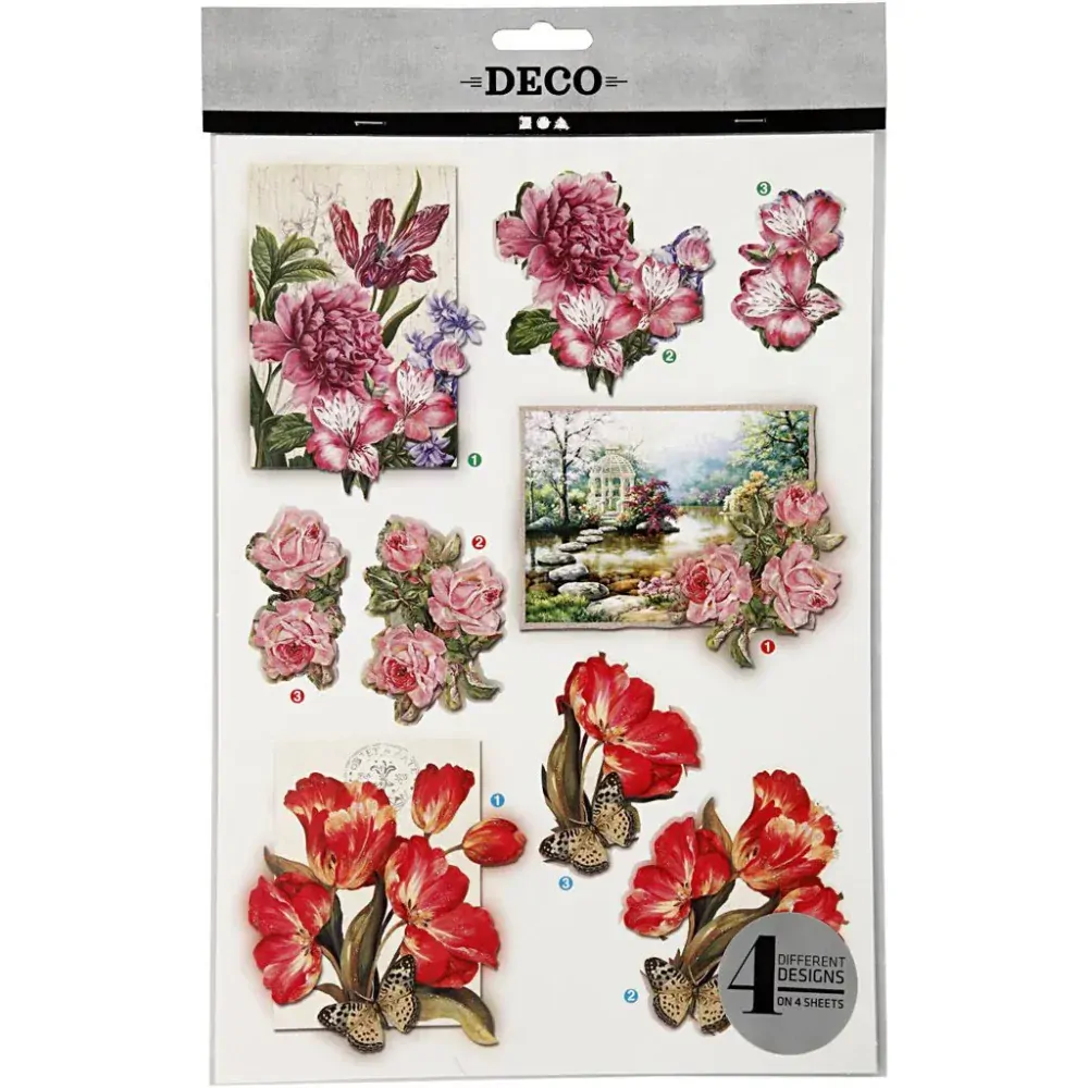 3D Papierové decoupage motívy, kvety a motýle, 21x30 cm, 4 listy/ 1 bal.