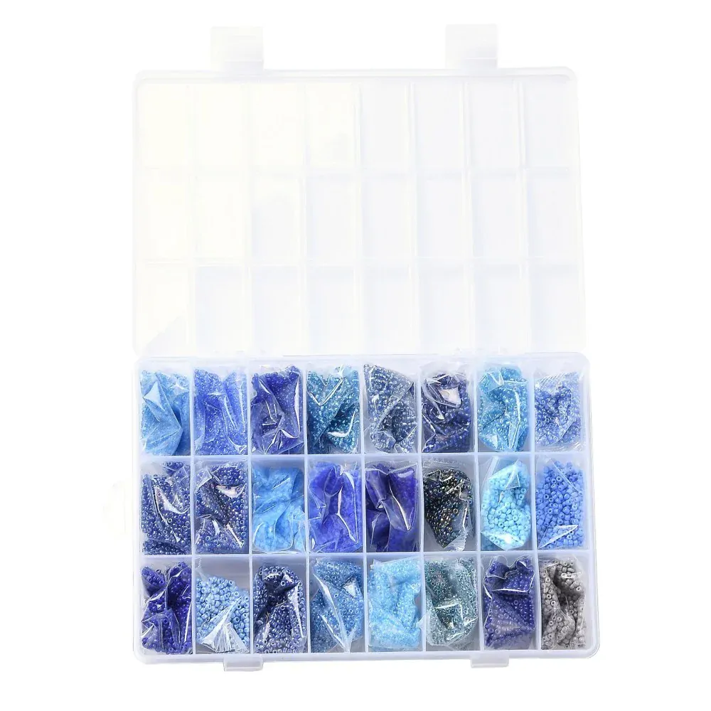 24 farieb rokajl korálok Modré odtiene 1.5-2.5x1.5-2mm, 288g / bal.