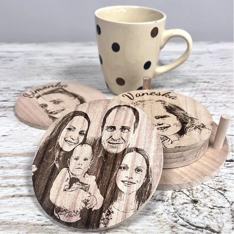 Podšálky s gravírovanými fotografiami 6 ks / bal. s podstavcom