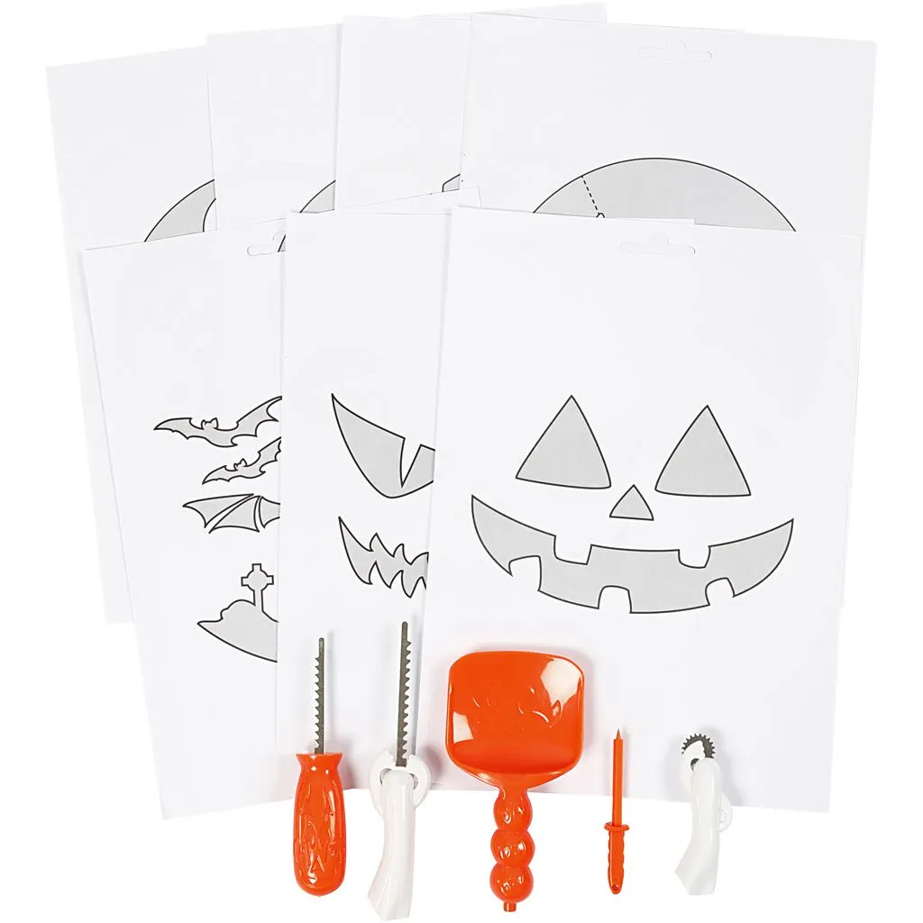Sada nástrojov na vyrezávanie halloweenskej tekvice (5 nástrojov + príručka so 7 šablónami)