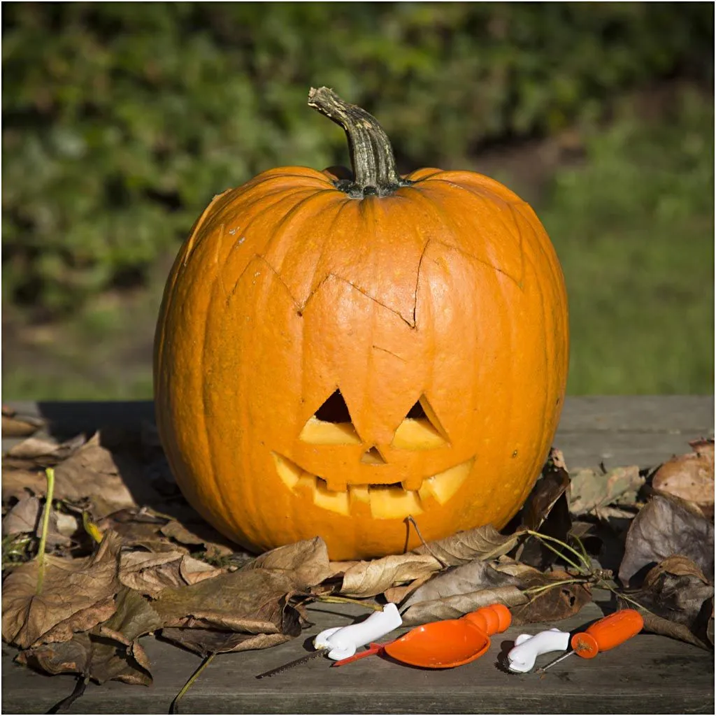 Sada nástrojov na vyrezávanie halloweenskej tekvice (5 nástrojov + príručka so 7 šablónami)