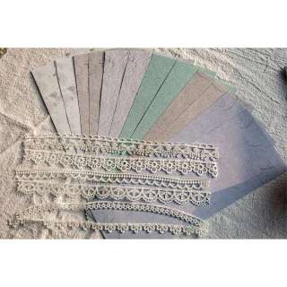 Scrapbook papier 210x80mm + krajka, 12 ks + 6 ks/súprava